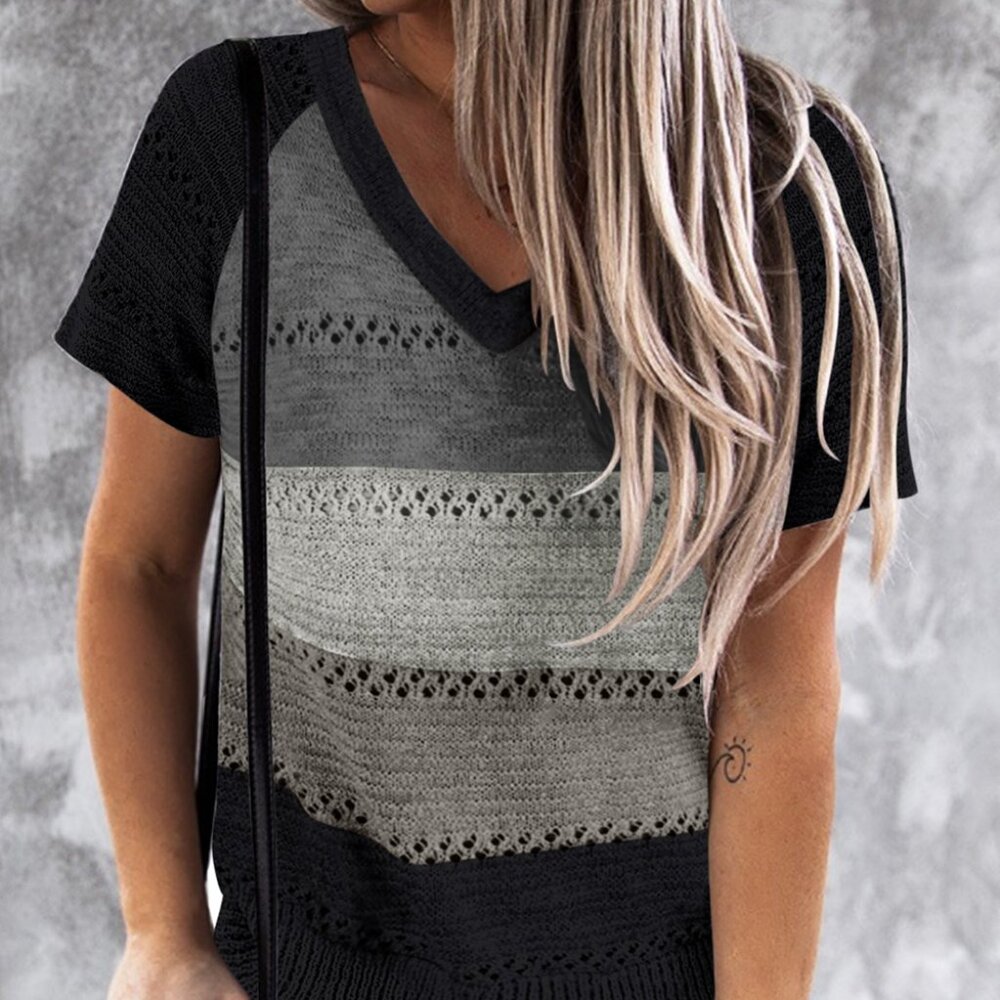 NWOT Black/Gray Stripe Print Knitted V Neck Top